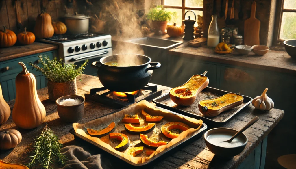 A kitchen scene with freshly roasted butternut squash to add to soup