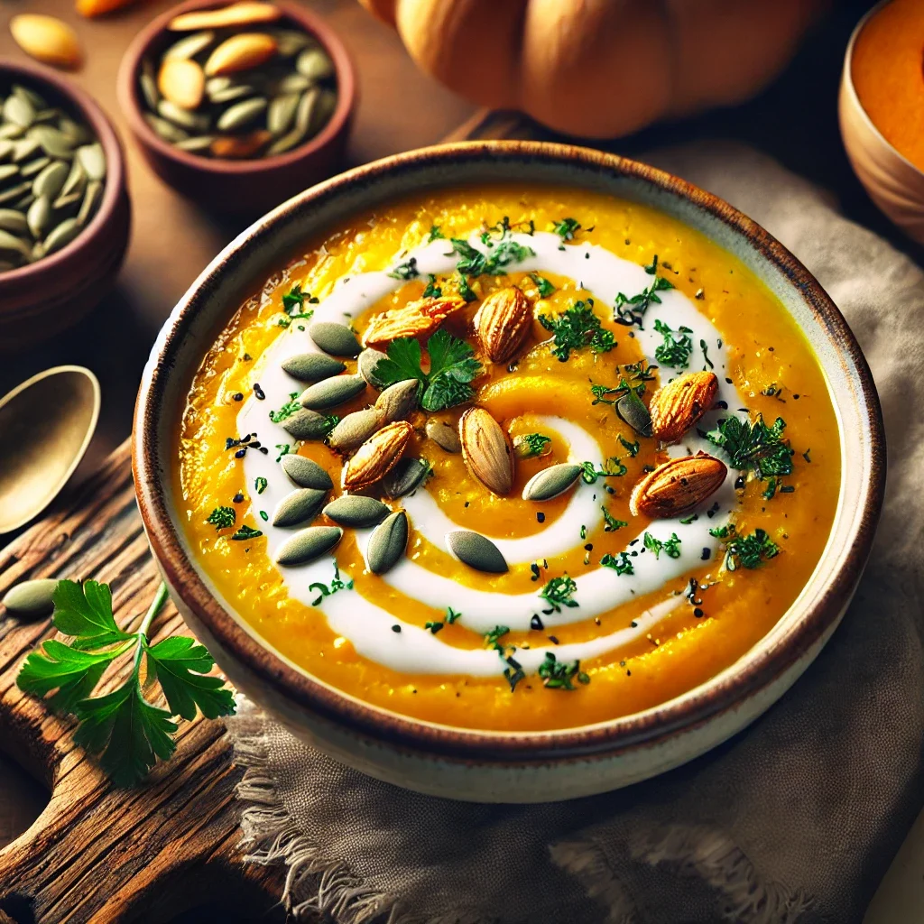 A picture of butternut squash soup freshly made on a kitchen table.