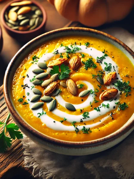 A picture of butternut squash soup freshly made on a kitchen table.