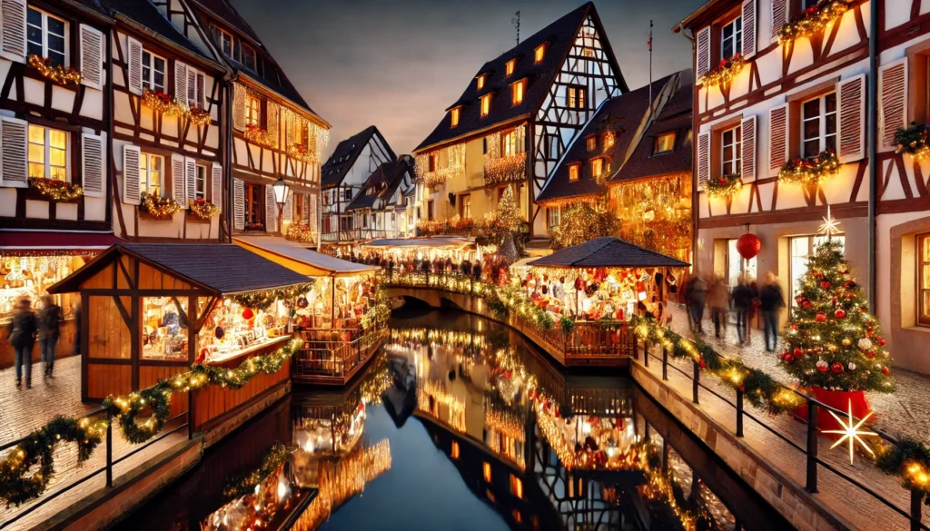 Colmar’s Christmas Market in the Petite Venise area, glowing with holiday lights.