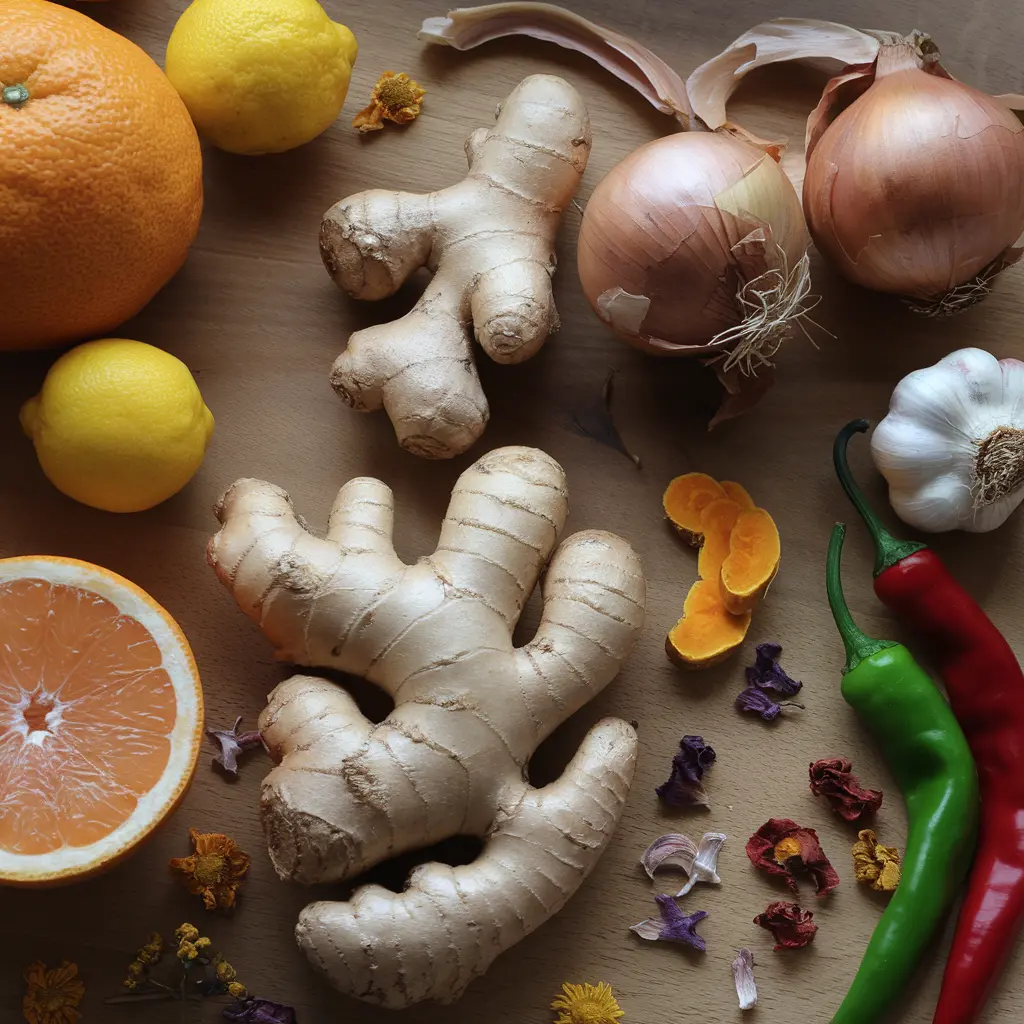 Ingredients for Fire Cider.  Onions, Garlich, Chilli, oranges and lemons