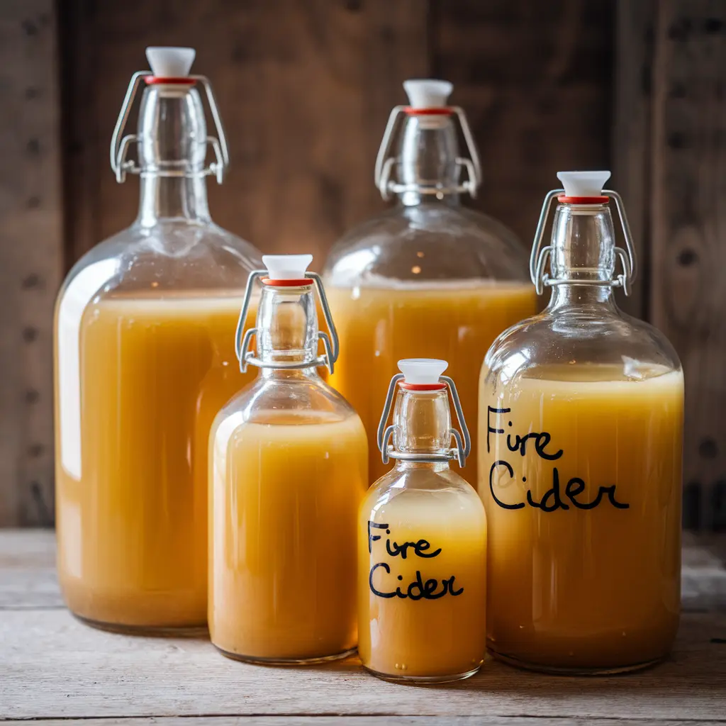 Bottles with swing lids full of Fire Cider