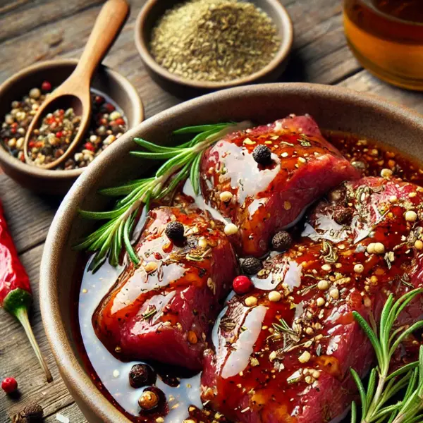 Close-up of steak strips marinating in a bowl with a mixture of soy sauce, olive oil, hot sauce, and cracked pepper. The setting is a rustic camping environment with fresh herbs like rosemary, thyme, and oregano scattered around on a wooden surface. The marinade is visibly coating the steak, giving it a rich, flavorful appearance.