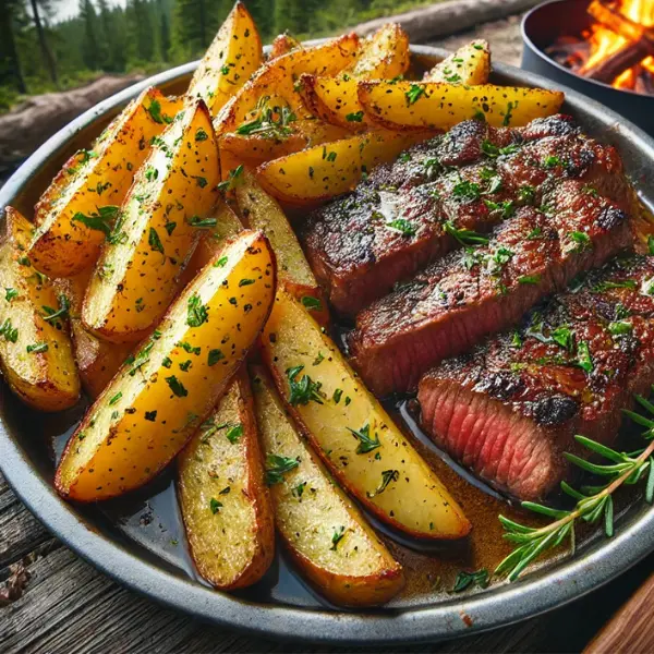 A completed dish of garlic butter steak cooked in strips and chunky potato strips served in a camping setting. The steak strips are seared to a juicy brown, and the potatoes are cut into thick strips, garnished with fresh herbs. The meal is presented on a rustic metal camping plate, with a scenic outdoor view featuring trees and nature.