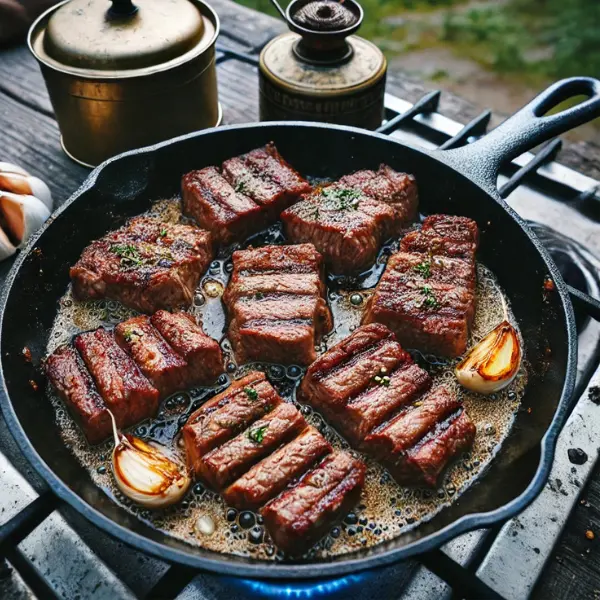 strips of steak cooking in an iron skillet over a camping stove, with more strips sizzling and seared to a juicy brown. Garlic and herbs are visible in the skillet, adding to the dish’s flavor. The scene captures a rustic outdoor camping environment, featuring a camping table and a forested background, showcasing the experience of outdoor cooking during a camping trip.