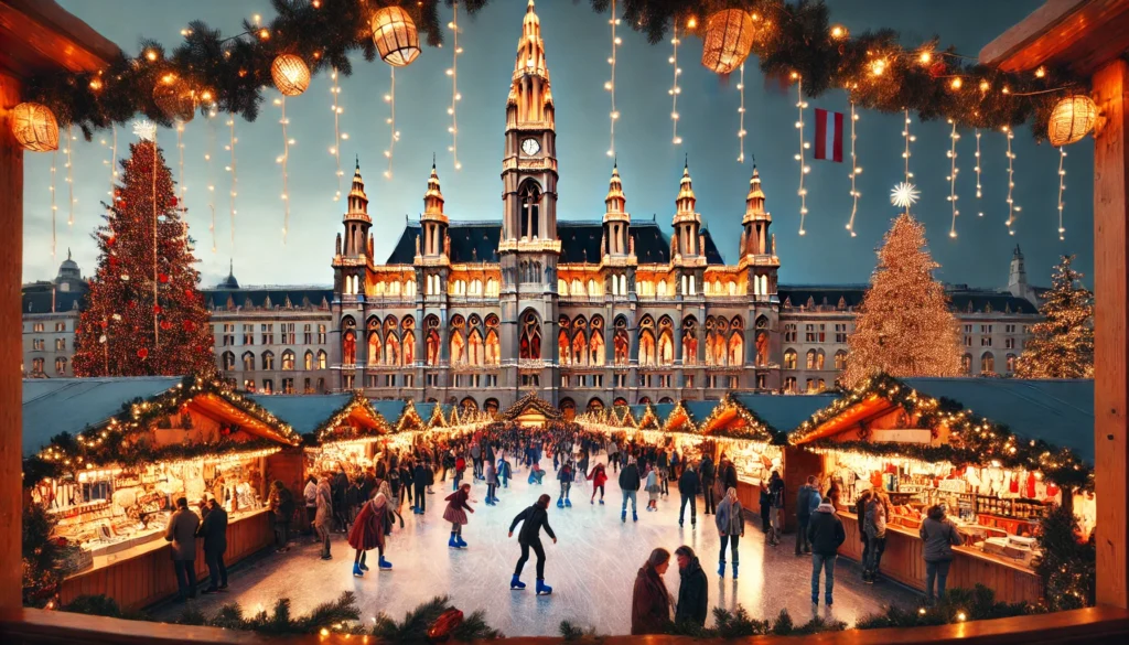 Vienna’s Christkindlmarkt at Rathausplatz, featuring the iconic skating rink and stalls.