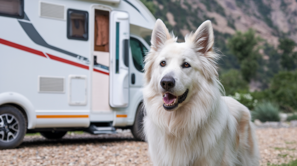 A White german shepherd stood outside a motorhome with mountains in the background