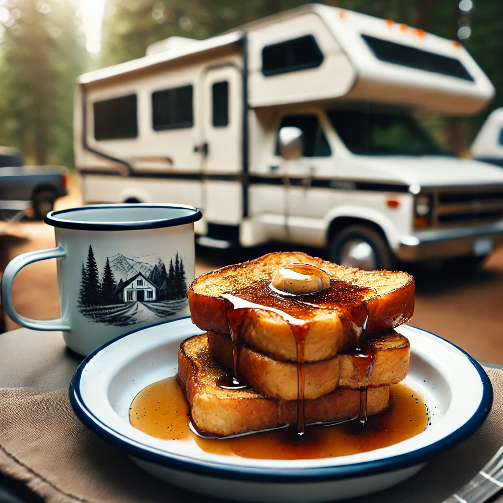 A pile of pumpkin french toast drizzled with maple syrup.