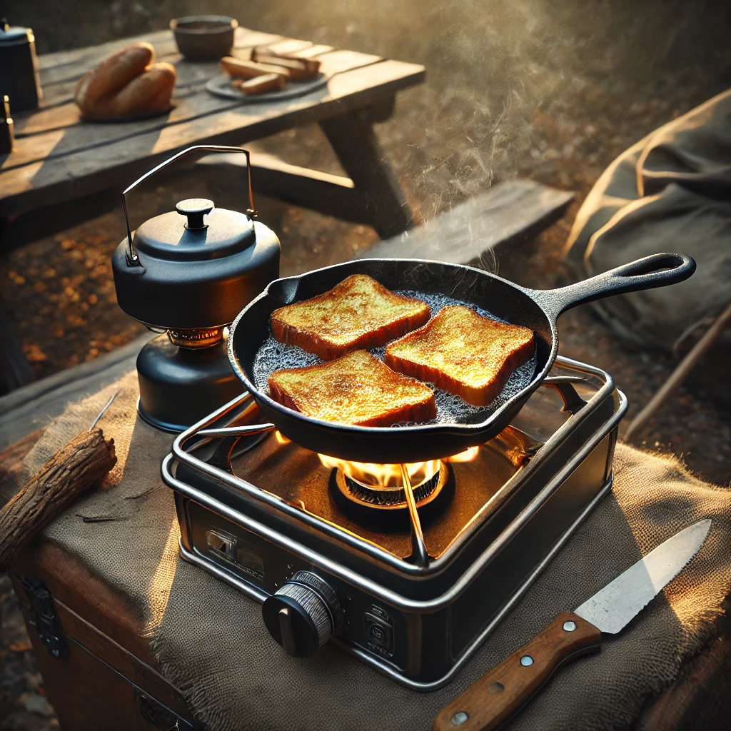 Pumpkin french toast in a frying skillet over a camping stove