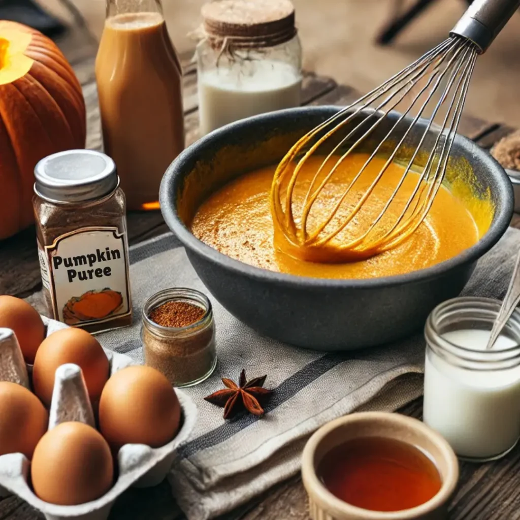 A whisk dipped in pumpkin french toast batter on a rustic looking table